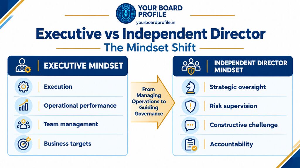 Independent Director vs Executive Mindset infographic comparing operational management with strategic oversight, risk supervision, constructive challenge, and board accountability.