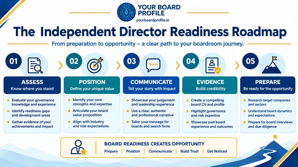 Independent Director readiness roadmap illustrating five steps to boardroom success: assess governance readiness, define board value proposition, communicate leadership experience, demonstrate credibility, and prepare for board opportunities.