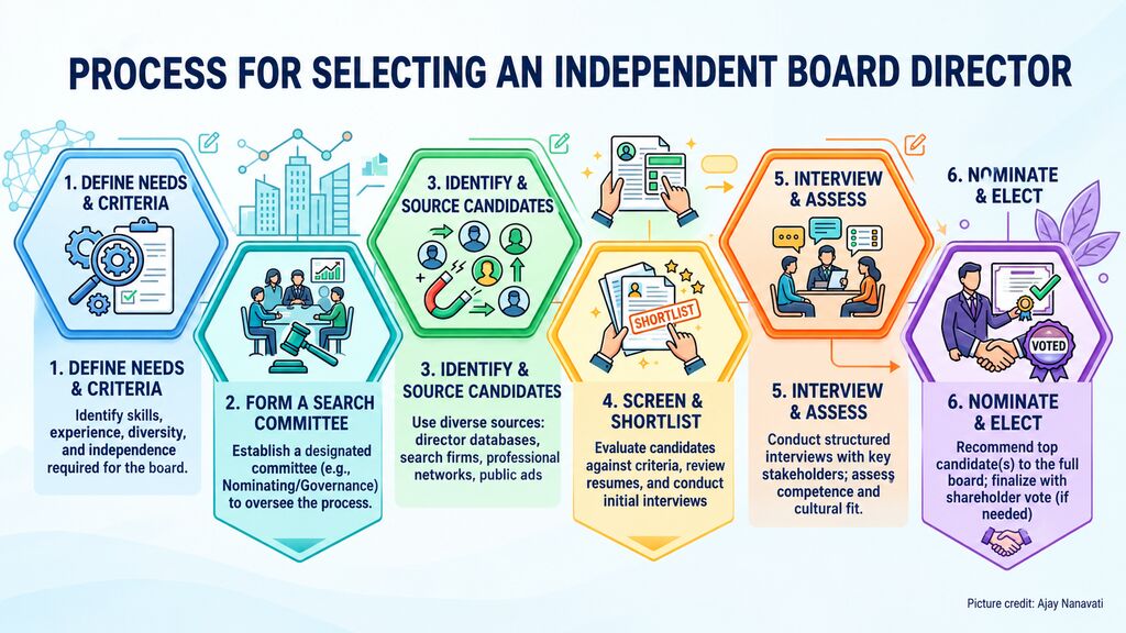 Process for selecting an Independent Director, illustrating the key stages involved in identifying and evaluating suitable candidates for a corporate board.