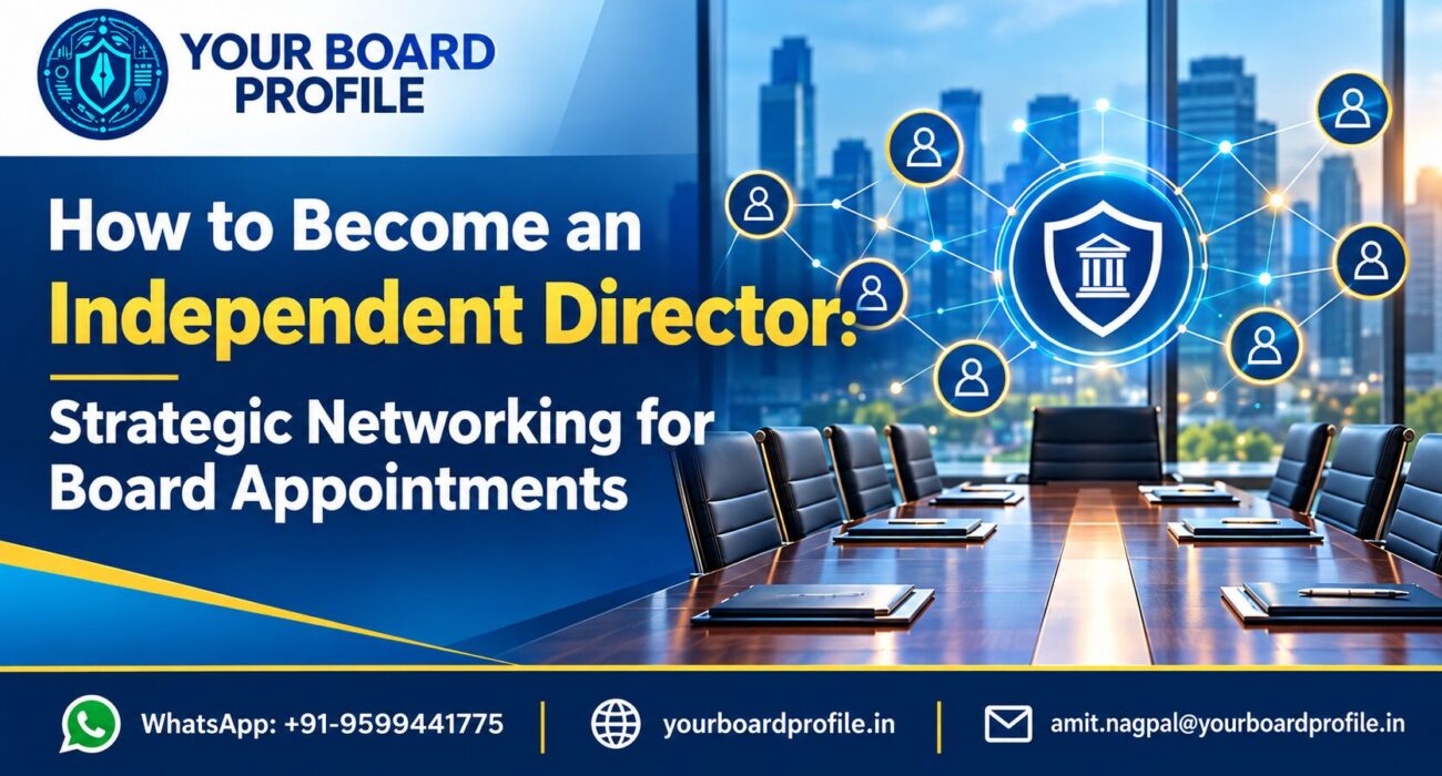 Independent Director strategic networking for board appointments, featuring boardroom governance, professional connections, and Your Board Profile branding.