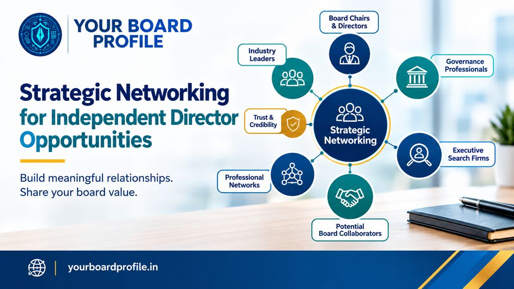 Independent Director strategic networking infographic illustrating professional connections, board opportunities, governance professionals, and credibility, by Your Board Profile.