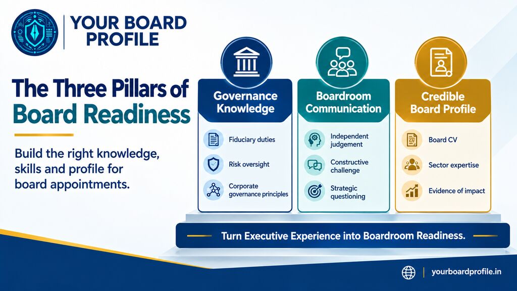 Independent Director board readiness infographic highlighting governance knowledge, boardroom communication, and a credible board profile by Your Board Profile.