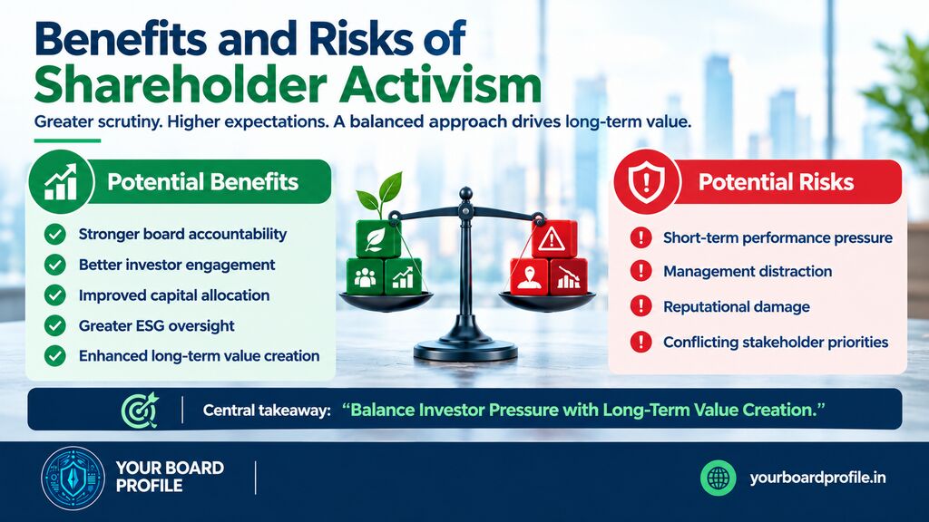 Shareholder Activism infographic illustrating the benefits and risks of corporate governance, including board accountability, investor engagement, ESG oversight, short-term performance pressure, and long-term value creation, by Your Board Profile.